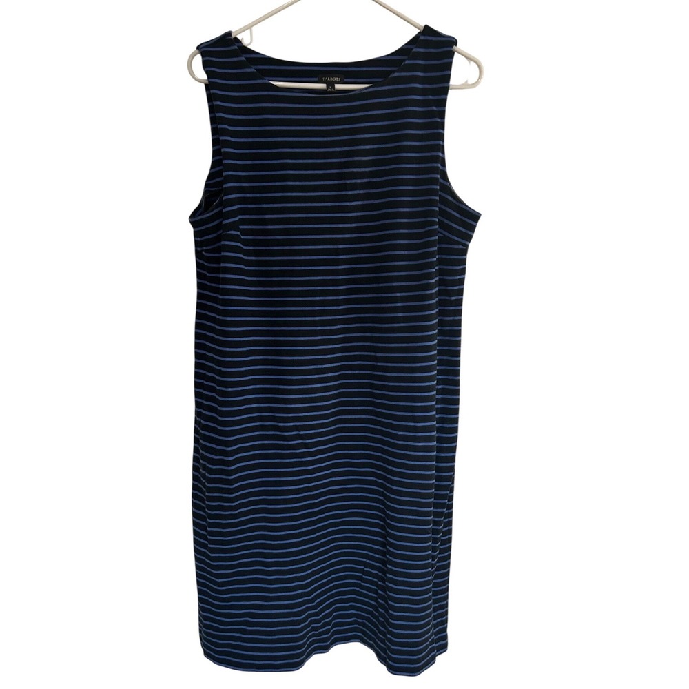 Talbots Womens Large Blue Striped Sleeveless Shift Dress Knit Boat Neck Navy